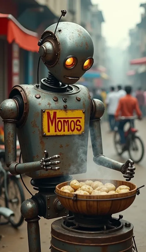 A ((poor-type but perfect)) robot, crafted with ((rusty metal)) and visible ((weld marks)), operating a small street food stall labeled "Momos" with a hand-painted sign in bold ((Devanagari script)). The robot’s ((mechanical pincers)) serve steaming momos ...