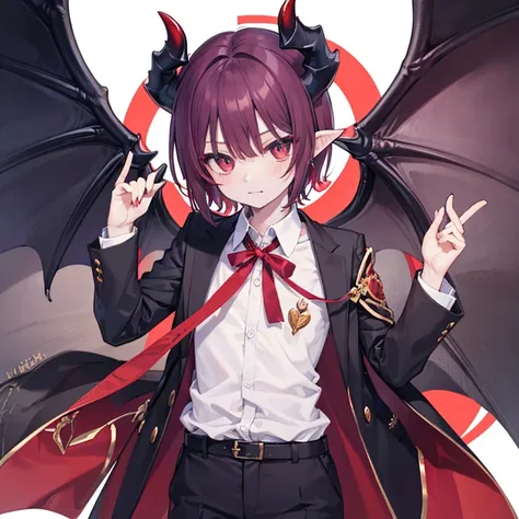 devil、 flat chest、suit、 white shirt、Slightly pointed ears、devilの尻尾、 red short hair、straight horns 