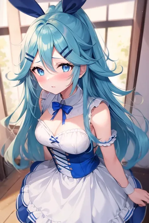 1 girl,  bunny girl costume, 8k,    best quality,  i'm wearing a hair ornament with slightly larger boobs  ,blue hair/light blue...