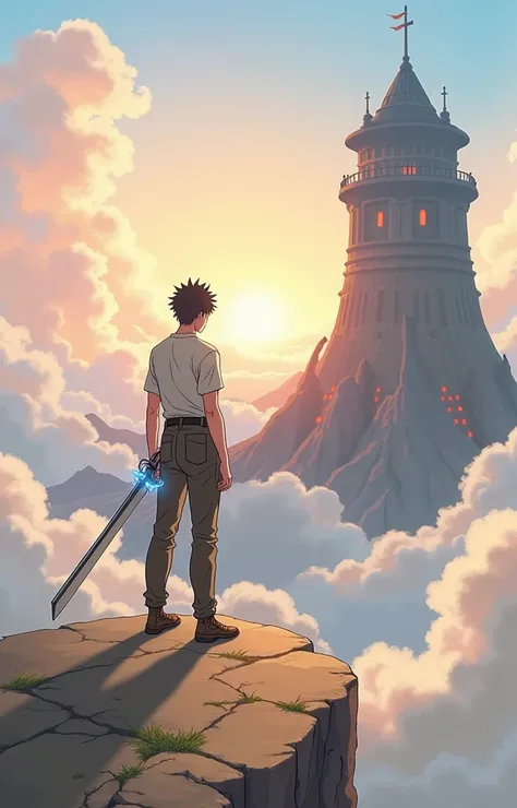  “Anime-style scene ,  depicting a lonely adventurer ,  standing on a rocky cliff and looking at the ancient and mysterious test tower in the distance that burns red in the tower of 100 floors.  The character is a young man with short black hair ,  dressed...