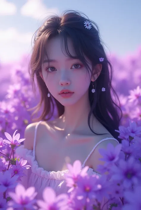 ( Extremely Detailed CG Unity 8K Wallpaper), illumination, sea of purpel flower, flower,  1 girl,  upper body, K-Pop Idols,