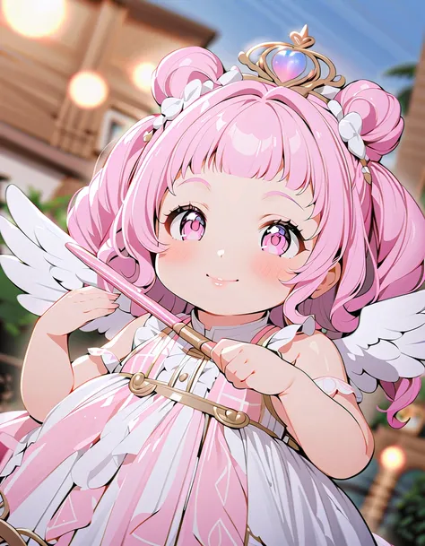 one girl. Very tiny Plump woman, A pretty cute little Mature girl with angel wings on her back, shyly holding a Sparkling magic wand, Horizontal fringe hair, pretty face, Wearing idol-style costume, white garter belt and fishnet stockings, Angel Halo, acce...