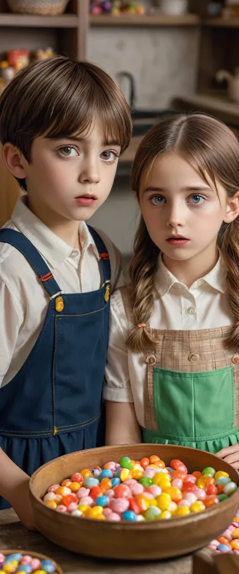 (8k, RAW photo, best quality, masterpiece), High detail RAW color photo, professional photograph, (realistic, photo realistic), (best quality), A boy is Hansel, A girl is Gretel, Both of them are in their early teens, Hansel and Gretel are eating candy and...