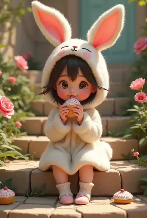 A cute girl in a rabbit costume, sitting on stone steps, eating sweets with heartwarming gestures, 3D animated, sophisticated design, 8K, photo-realistic, intricate details, soft lighting, warm color palette