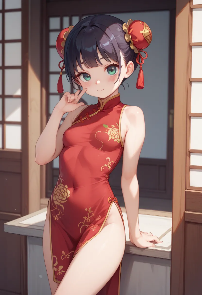 anime style illustration 、masterpiece、 high quality 、1 girl、 china dress on the background、cute、round face、 small breasts