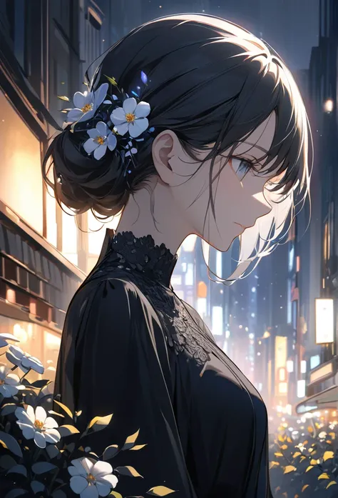 Upper body close-up（((masterpiece), on)""A woman stands in the bustling city night, gazing thoughtfully at a single flower with a hint of melancholy. Her quiet expression contrasts with the urban noise, radiating a subtle elegance."


