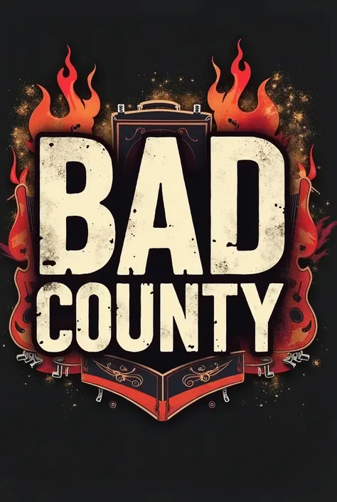 Rock-Band, Logo, Name (Text: " BAD COUNTY") , vector, framed with rock music Instruments in fire texture 