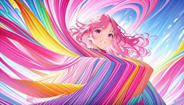 (masterpiece, Highest quality, Official Art:1.2), (colorful), Looking at the audience, One Girl, alone, (pink long hair, layered hair) and (pink eyes), Sky Background, spreading clouds, Ultra-fine illustrations, highly detailed, Dynamic Angle, beautiful de...