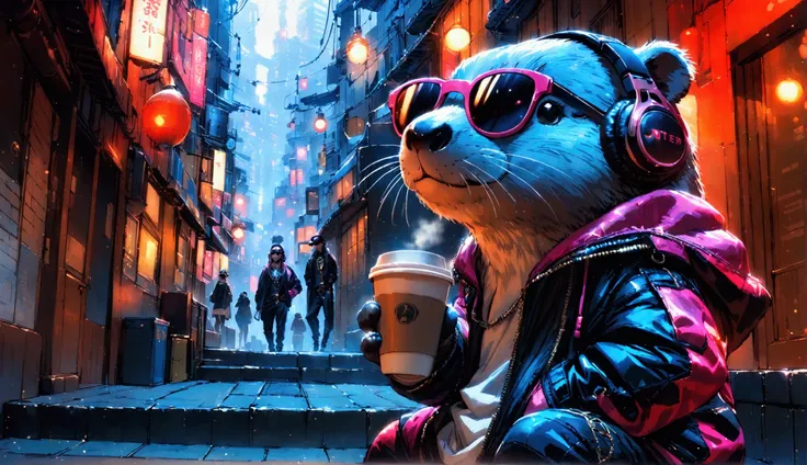 The otter, dressed in a hip-hop outfit with headphones and dark sunglasses, has a cool expression as it sits on stairs, Holding a cup of coffee while gazing at the city of Tokyo