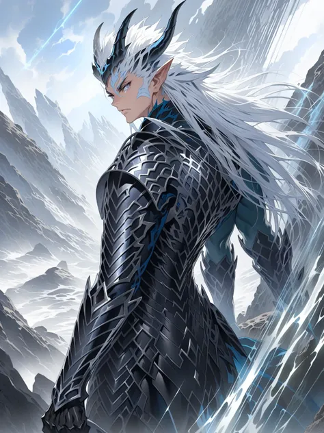 /upscale {{full body}} {{Artist: alex ross}} 1boy, dragon boy, toned male, horns, armor, long hair, white hair, grey eyes, looking to the side.