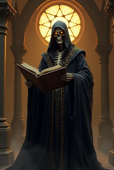 "Generate a dark, mystical scene featuring a tall, skeletal, cloaked figure representing the demon Agaliarept. The figure wears an ornate black robe decorated with ancient symbols and intricate patterns. A hood covers most of its face, leaving only glowing...