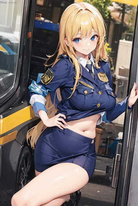  1 girl,  Hi-Res,  look at the sole, Blonde　Police Officer　 tight mini skirt　Look down here　Around Town Inappropriate Smile 　 plump chest 　 Big Round Beautiful Boobs