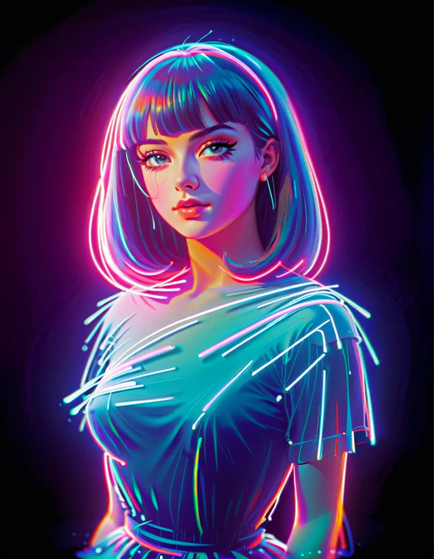 RGB Color Shift, chromatic aberration, RGB Shift, Video Glitch Photo Effect, Color Noise Texture, Video-like noise processing. Romantic Retro Pop Background, vaporwave style. A retro girl with a beautiful face, neat straight bangs arranged horizontally, lo...