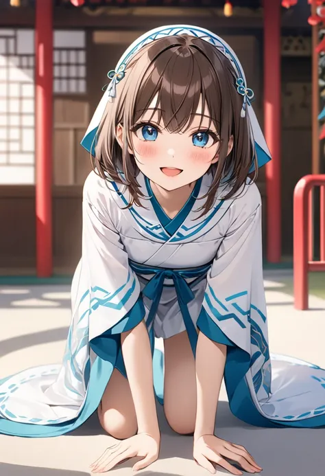 full body,   best quality,High image quality,masterpiece,  1 Girl 、solo、Complex pupil,  Deep Blue Eyes , Brown Hair、Crossed bangs、 medium hair with high background, Shrine maiden、Wear Shrine Maiden Outfit、smile, open mouth, blush, ((small breasts)),   Deta...