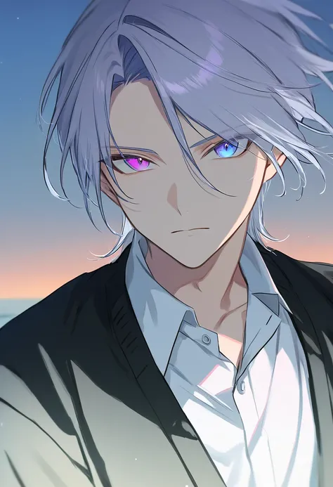 a young man with beautiful heterochromatic eyes, one blue and one purple, long silver hair, wearing a white collared shirt and black cardigan, with a calm and serious expression, soft and gentle color palette, peaceful and serene atmosphere, official