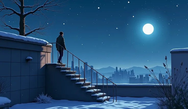 A romantic winter rooftop scene, a young man climbing the last steps of a staircase leading to the top. The night sky is clear with a bright moon and stars. The rooftop is softly lit by moonlight, and the wind gently rustles nearby plants and objects.
