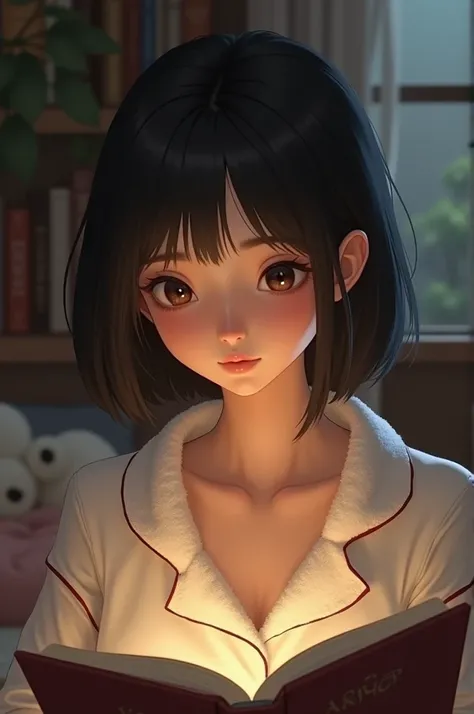 dark  , short hair, smooth-nosed , short ,  teddy bear pajamas ,  interested in computer who likes to read books and listen to music.  a girl studying accounting and finance 