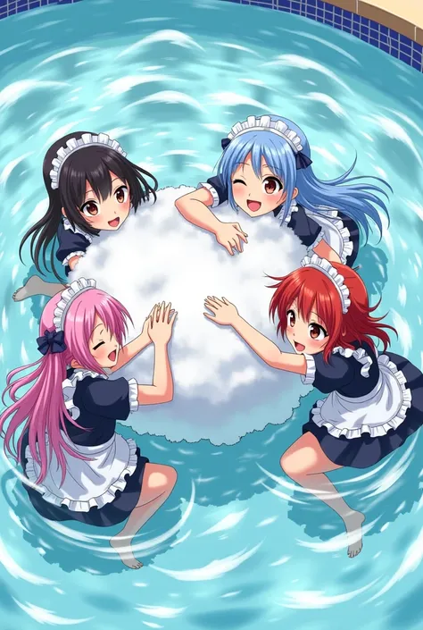 An anime-style comic depicting many maids playfully wrestling with each other inside a pool comical fight cloud.
each maid has different  colored hair.
their faces,hands,and feet are visible emerging from the cloud as they tussle humorously,  with the rest...