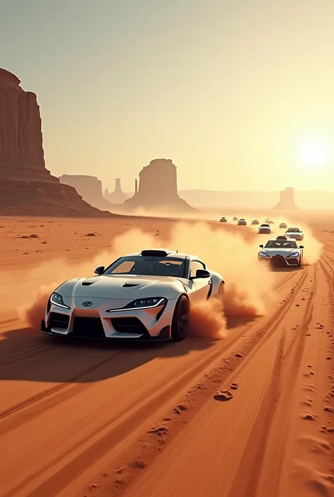 Competitions for a group of Toyota cars in the middle of the desert