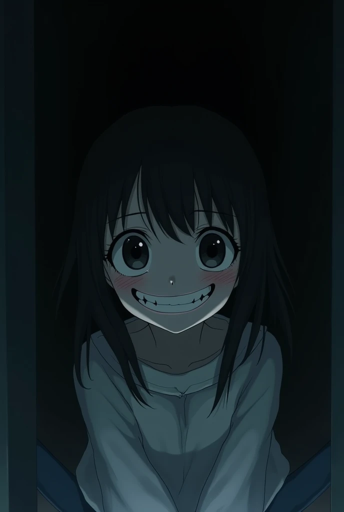 A young girl with a creepy smile staring at me. Dark room behind, anime. Low lighting. 