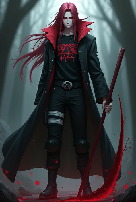 Madara uchiha with long bloody Reddish-White hair with 𝓑𝓞𝓓𝓔𝓧𝓩 444 written on black t-shirt with vampire coat  and redish white collar and black cargo pant holding sytch 