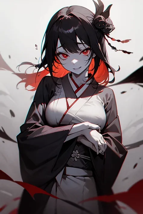 female、Japanese style、kimono、 sexy、 open your chest、Bare your breasts、 chest exposure、Unbuttoned、 ecstatic expression with hands in front of body、 Eerie Smile 、murderer、hostility、Scary、Pleasure、Pride、Malice、Blood droplets、 blood spatters with a female、stro...