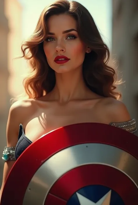 captain america as a woman: powerful, elegant and full of confidence. 
Naked but Partially hidden behind a large round shield with a star emblem. She has long, wavy brown hair that flows down her shoulders, styled in a vintage 1950s style, with bold red li...