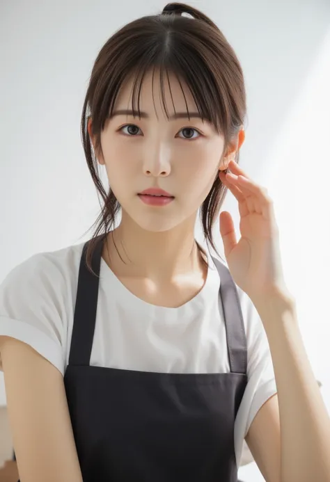   young woman ,   dark hair slightly matted  ,   loosely tied ponytail on the side  .   wearing a dark apron on a simple white t-shirt ,  Warm and cheerful expression  ,    gentle smile touching your head .   The image retains a slight illustration style  ...