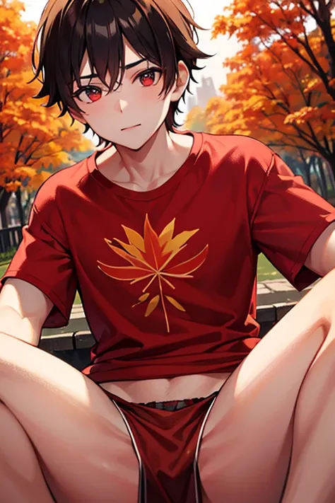 boy wearing autumn leaves red t-shirt and loincloth, ((beautiful detail eyes)), (soft), ((best quality))