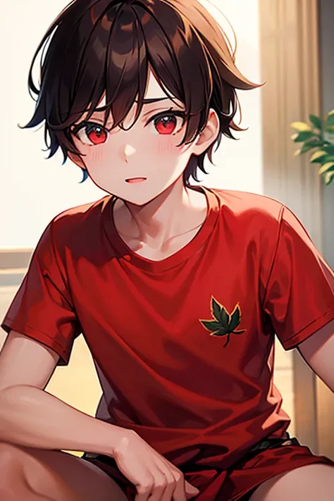 boy wearing autumn leaves red t-shirt and loincloth, ((beautiful detail eyes)), (soft), ((best quality))