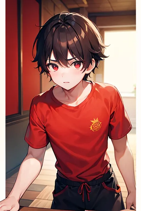 boy wearing autumn leaves red t-shirt and loincloth, ((beautiful detail eyes)), (soft), ((best quality))