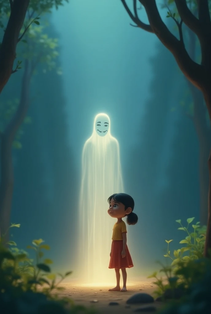 Generate in cinematic 3d cartoon style**
The ghost of her uncle glowing softly, smiling as it fades away into a beam of light. Nandini watches with a mix of relief and emotion in a tranquil environment.