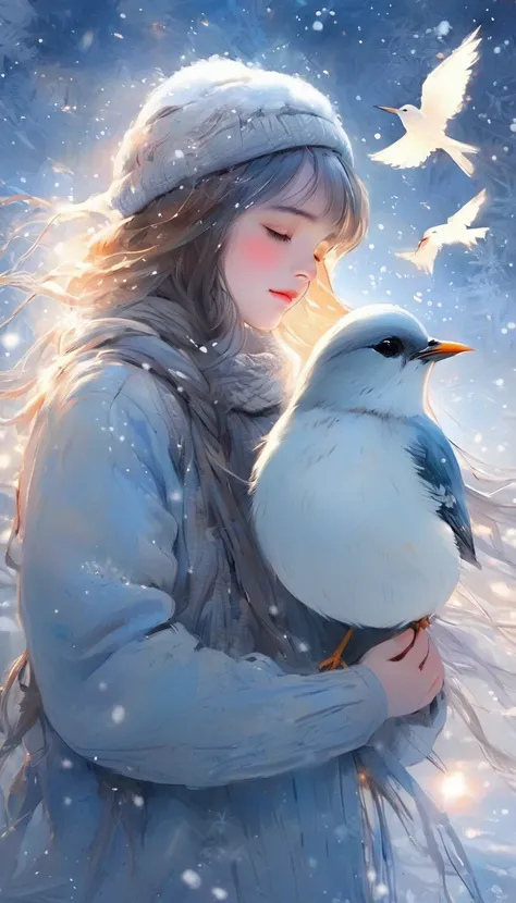 (Adolescent girl), ( smaller), A girl surrounded by light  , snow, bird, And the stars々,   is a breathtaking beauty that makes you feel the heartbeat of life.,