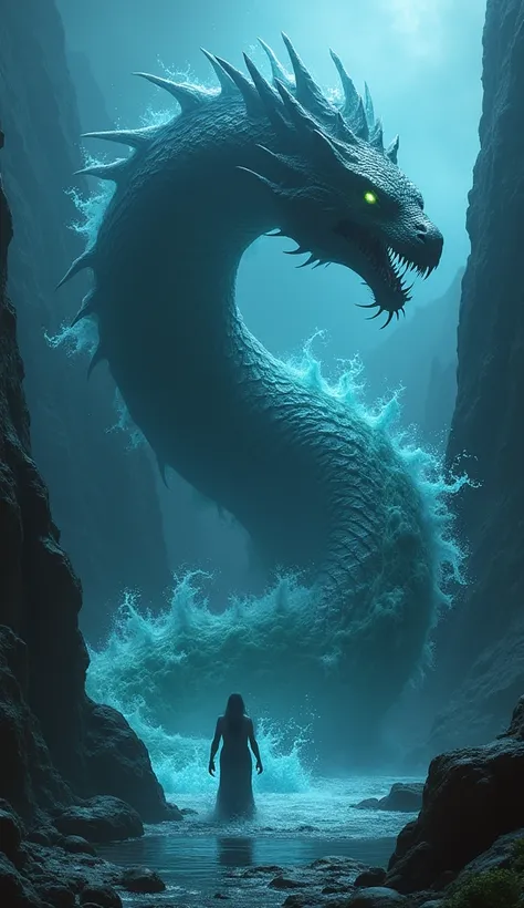 "An ultra-detailed, high-resolution 8K scene featuring a massive, ominous Serpent and an elemental Water creature, side by side in a dark, dangerous landscape. The Serpent is powerful and intimidating, with rough, scaly skin, sharp eyes, and a long, windin...