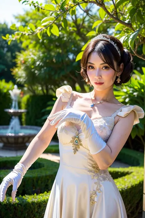 ((Masterpiece)), ((Best Quality)), A middle-aged short-hair woman, ((She is wearing an ornamental wedding dress)), She is in a garden, she is wearing a necklace, She is wearing white gloves on her hands,  dark eyes, Asian woman, 