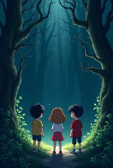 create a picture of three ren one is a girl and the other two is a boy looking into a dark forest that theyre ball went into, anime picture