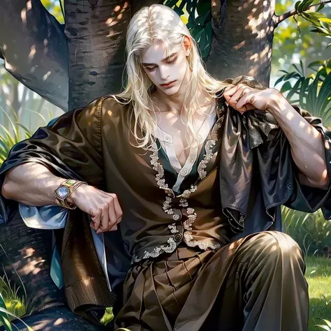 ((man облокотился на дерево, sits on the grass by a tree)), closing eyes,   feels the nature of the environment  , man,   long white hair  , Unbuttoned brown shirt, brown trousers 
