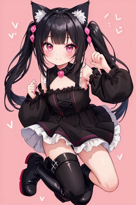  girl、smile、 with makeup、Shine、 black hair、 cropped bangs 、 short twin tail 、 cat ear headband、 cat tail、Mine system、Black ruffle dress、 miniskirt that snaps around the knee、Platform boots、whole body、 Reach Out