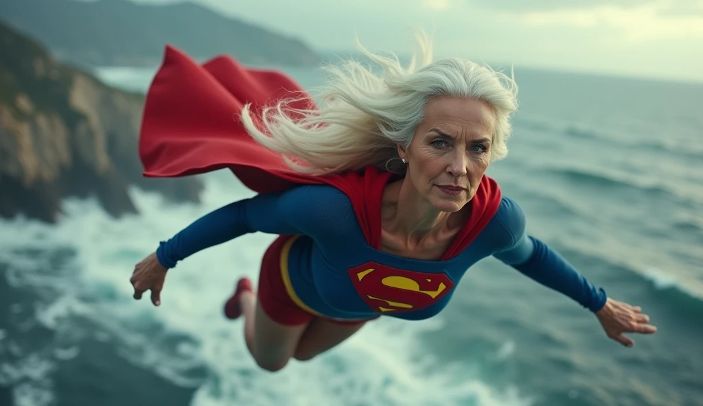 Old strong Supergirl 1980s Helen Slater movie costume (((loyal Supergirl 1980s Helen Slater movie costume, at 60 years old, long white hair))); flying at super speed above the ocean with very rough waters. 