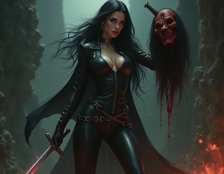 bombshell dark haired woman, long legs in  full body leather outfit holding sword and severed head in hand