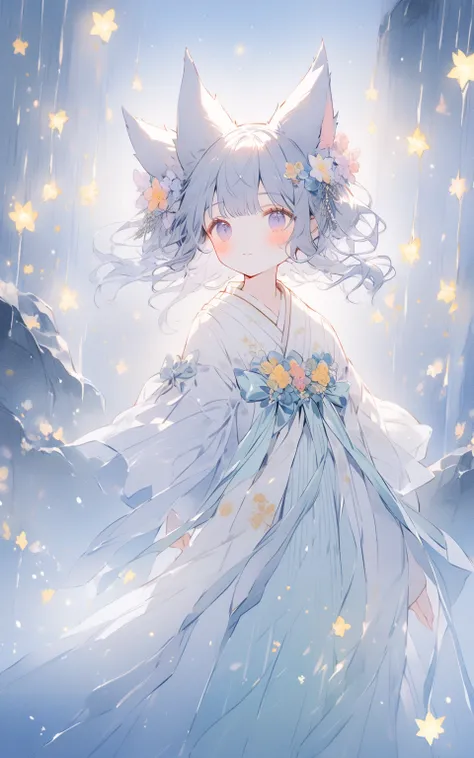 Moonlight open-air bath
"A dreamy, soft watercolor of a unique fox-girl attendant. Her kimono flows like a waterfall, adorned with glowing kitsune-bi and bioluminescent flowers. Shes guiding guests to a moonlit open-air bath where the water shimmers with s...