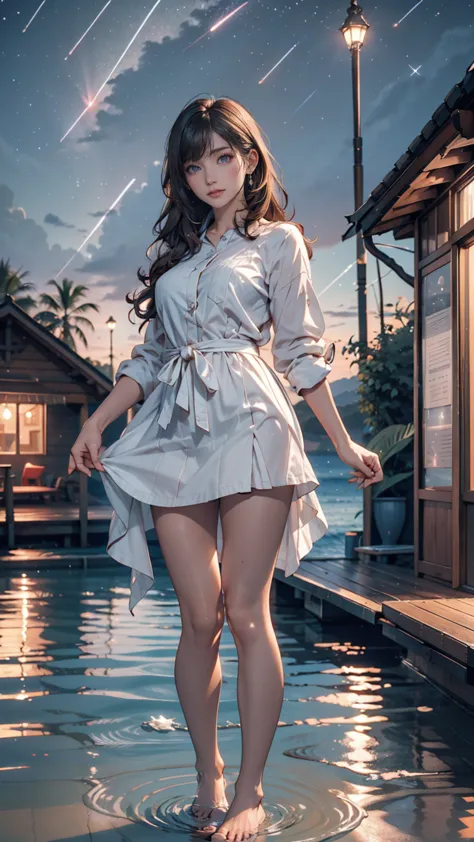 ((masterpiece,  best quality)), at night, light clothing,  girl, put only the tips of your feet in seawater ,  girl standing,  g...