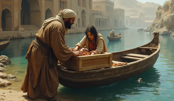 The merchant carefully placing the young woman inside a wooden box with small air holes. He carries the box onto his boat, rowing away on the river, determined to save her. islamic image