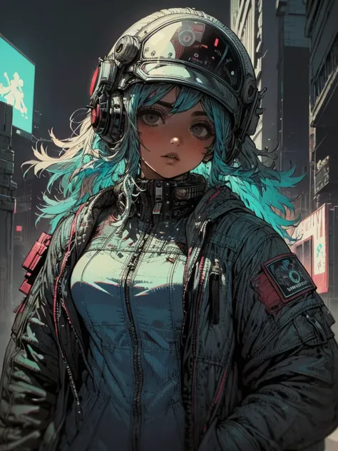 (masterpiece, best quality,Super detailed, ultra high resolution, detailed background ),(( Cyberpunk )),(( flat color)),(( colorful )),( 1 girl), up , up  helmet, up  jacket, Viewers,Alone, upper body, Colored Background, High Contrast,Contrasting colors, ...