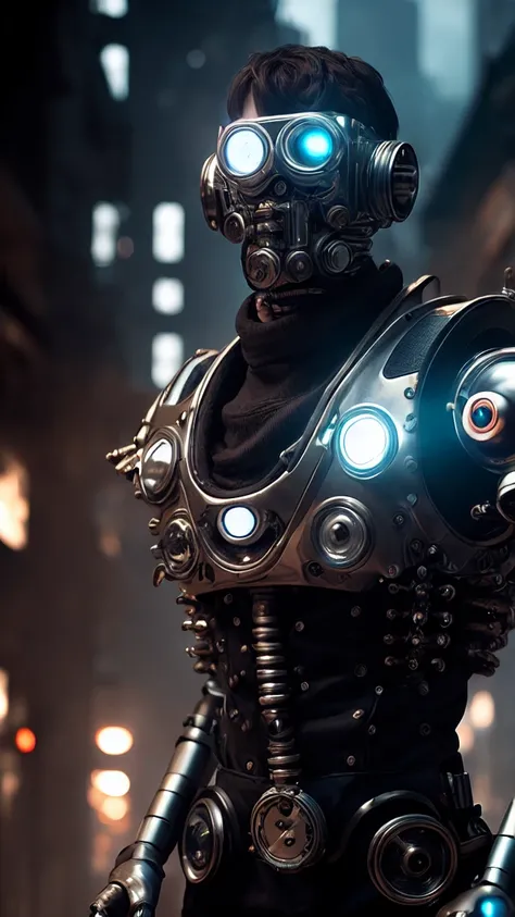 a cyborg man retaining his human traits with an ultra-detailed robotic arm, a modified eye and a modified bust in a steampunk/cyberpunk style in a poor city with lots of smog. 4k ultra réaliste 8k photoréaliste film éclairage chef-dœuvre : 1.2, qualité exc...