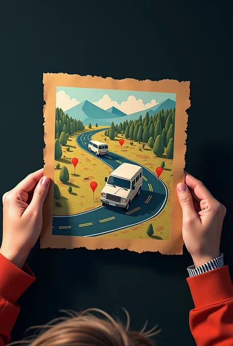 A poster for a school trip with black background, a van on the road, a picture of map with 3 location marks are added the map is holding in hands