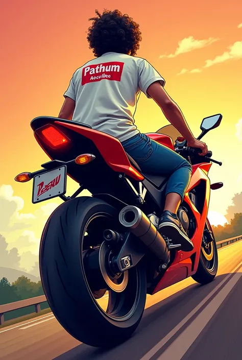 Honda R1 bike එකක නැගල ඉන්න ෆොටෝ එකක්. එයාගේ T-shirt එකේ Pathum කියලා දාන්න පිටිපස්සෙන්.bike eke pitipassen ගහපු photo එකක් ඕන. Cartoon විදිහට. Bike එකේ පිටිපස්සෙන් ගහපු photo එකක්  නවත්තපු bike ekaka නැගල ඉන්නවා ඕන 

