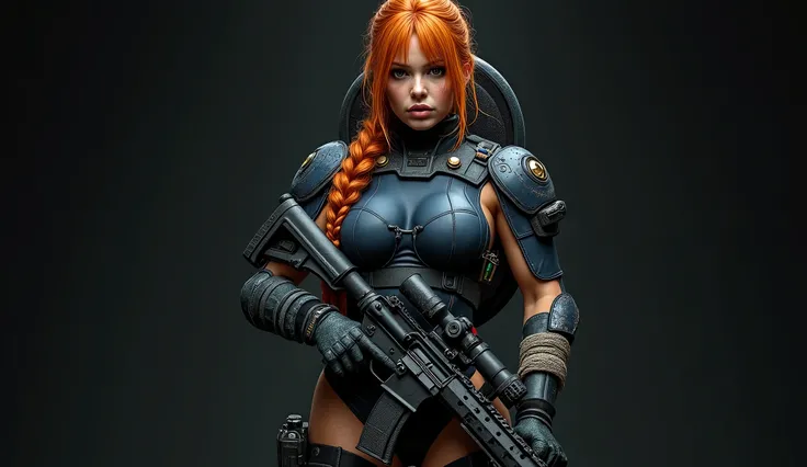 creates a perfect image of a futuristic space marine girl, heavy tactical assault combat suit, parts of the combat suit are made of carbon fiber, suit in dark blue navy camouflage color, dirty and worn by combat, very technological, perfect image, 8k, of a...