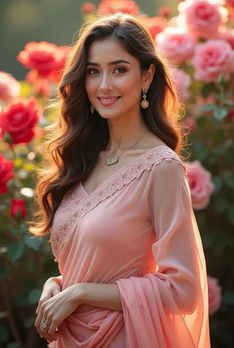 She stands gracefully in the heart of a blooming rose garden, bathed in the soft, golden light of the afternoon sun. Her snow-white skin glows with a flawless radiance, almost ethereal against the vibrant backdrop of red and pink roses. Her hair, a cascade...