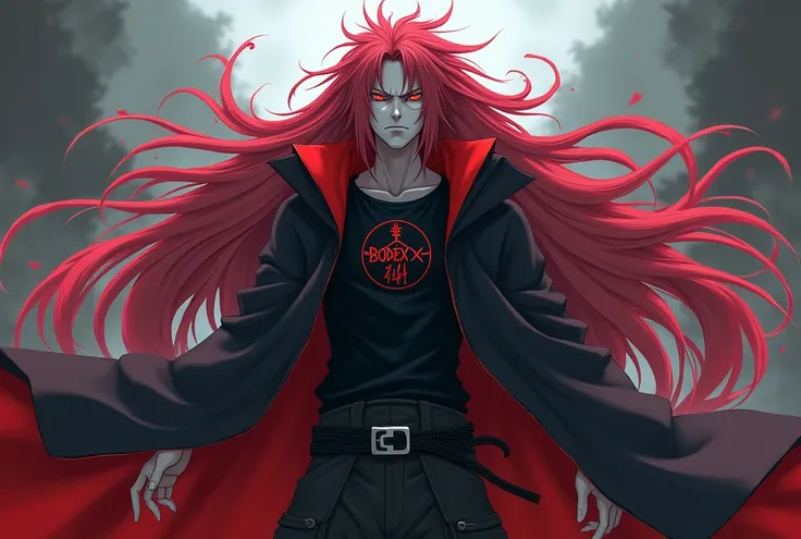 Madara uchiha with long bloody Reddish-White hair with 𝓑𝓞𝓓𝓔𝓧𝓩 444 written on black t-shirt with vampire coat  and redish white collar and black cargo pant